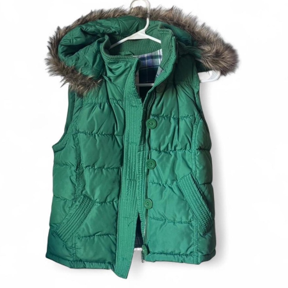Vintage Aeropostale Emerald Green Quilted Puffer Vest with Faux Fur Trim